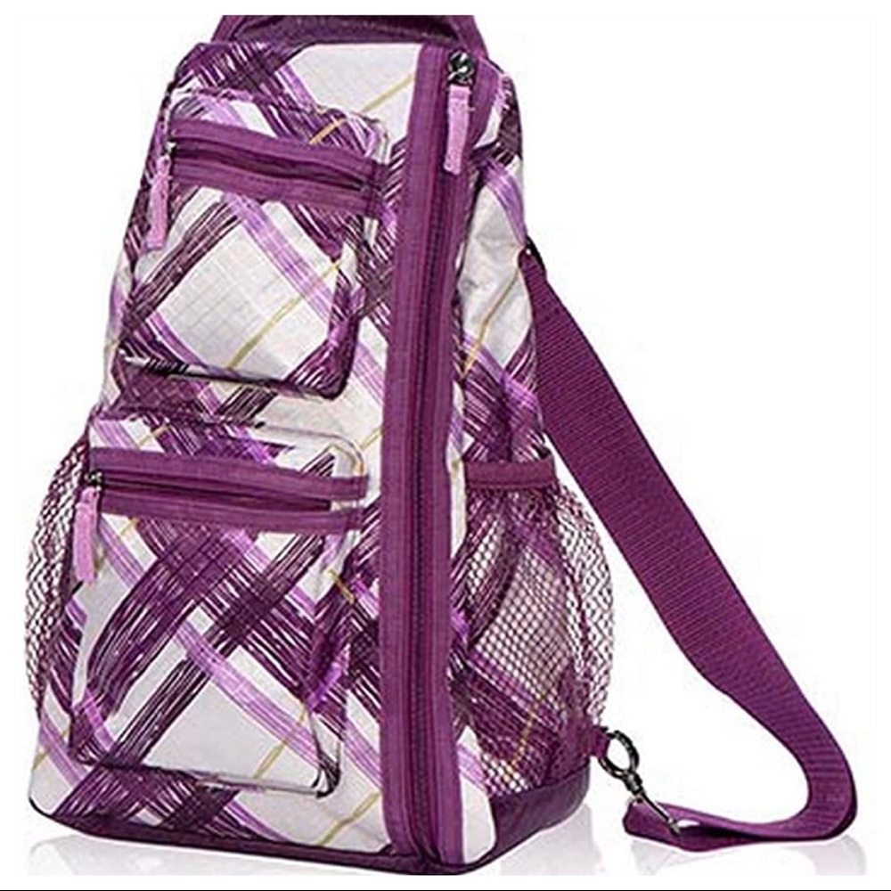 thirty-one 31 Sling Back Bag Backpack Plum Plaid
